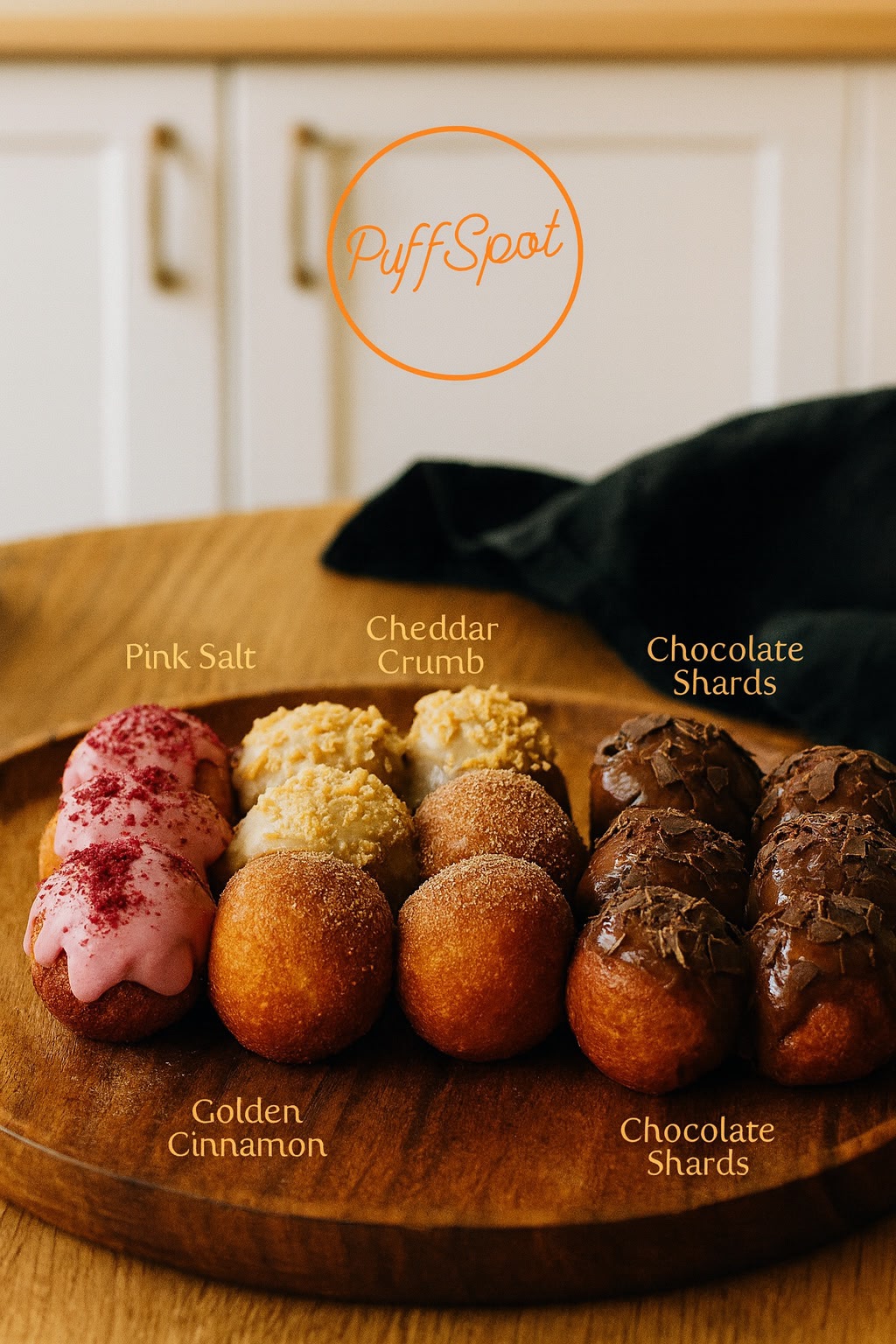 Pink salt, cheddar crumb, golden cinnamon and chocolate shard puff puffs