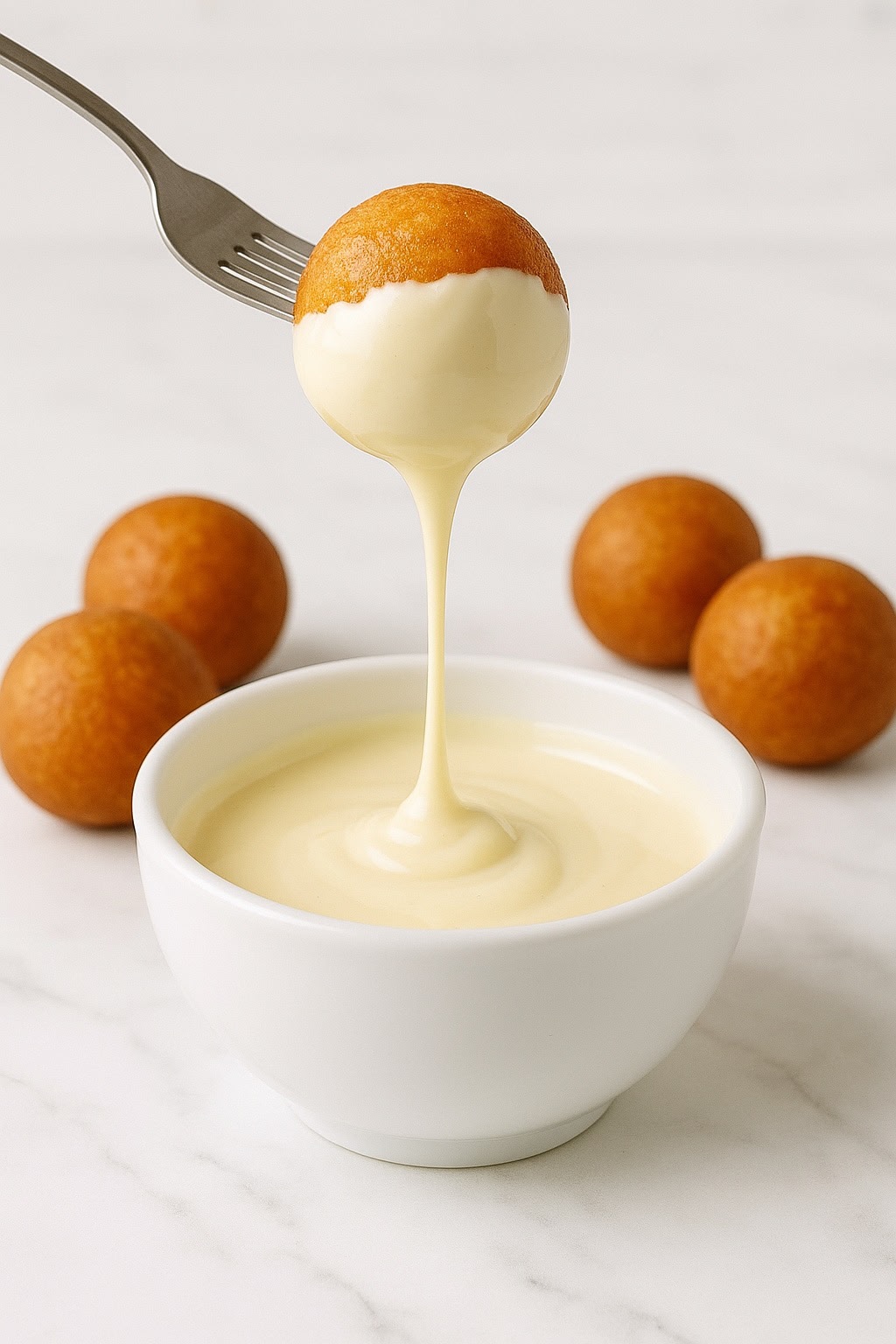 Puff puff dipped in white chocolate sauce