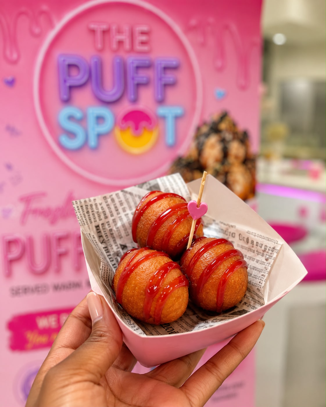 Strawberry drizzled puff puff in a pink tray