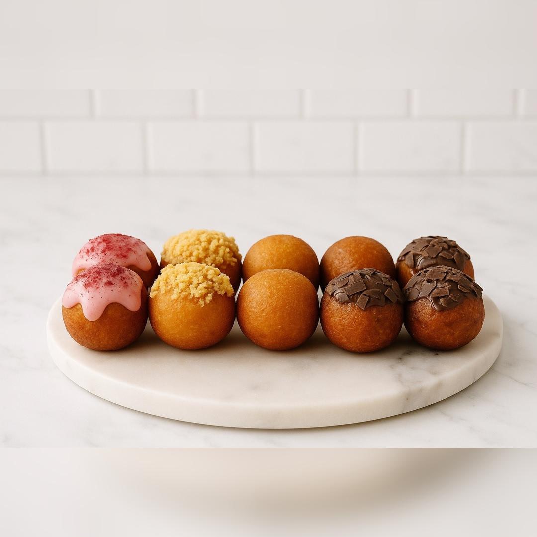 Row of variously topped puff puffs on a marble board