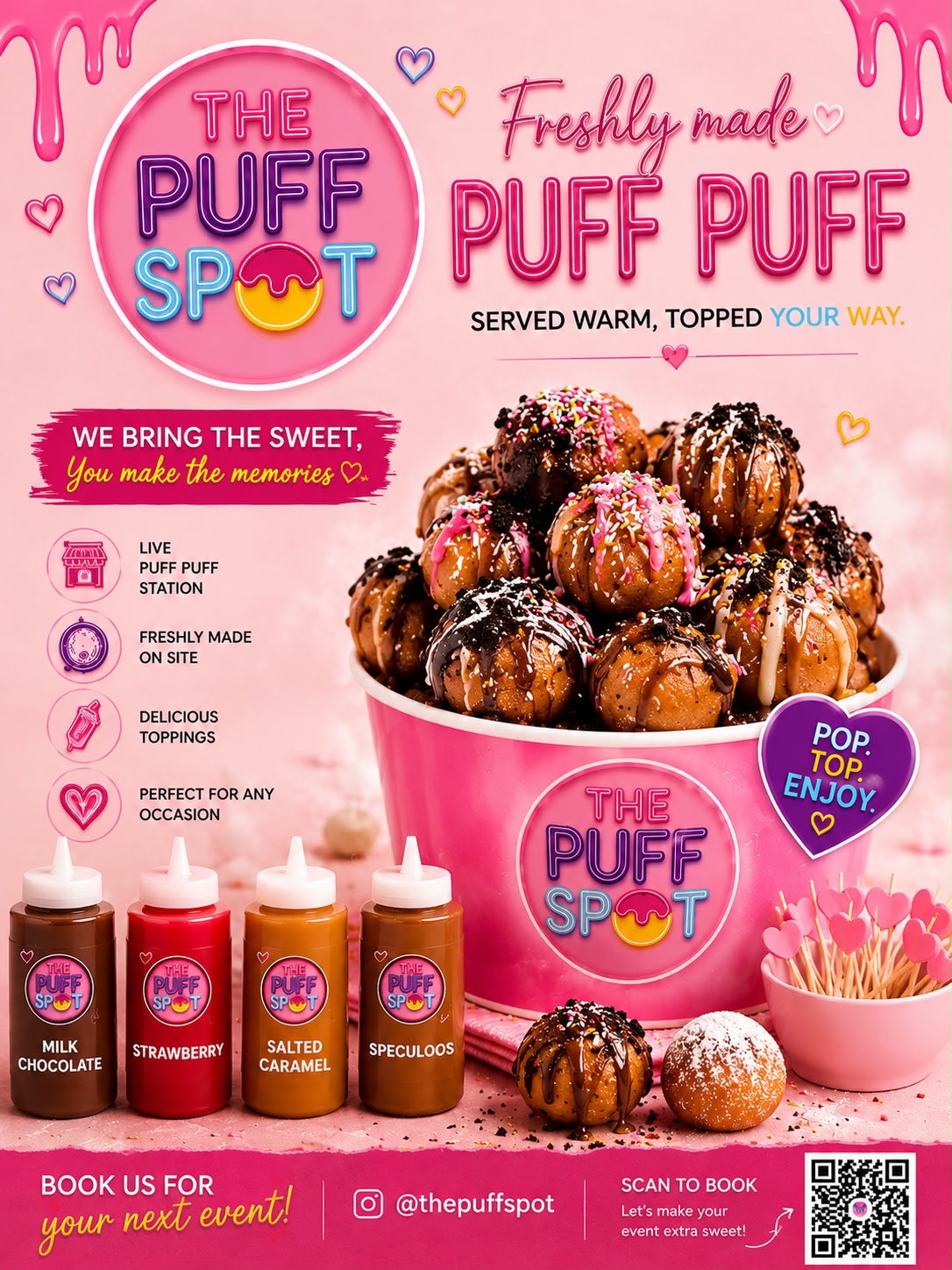 A pink branded cup overflowing with golden puff puff balls drizzled in chocolate with confetti sprinkles